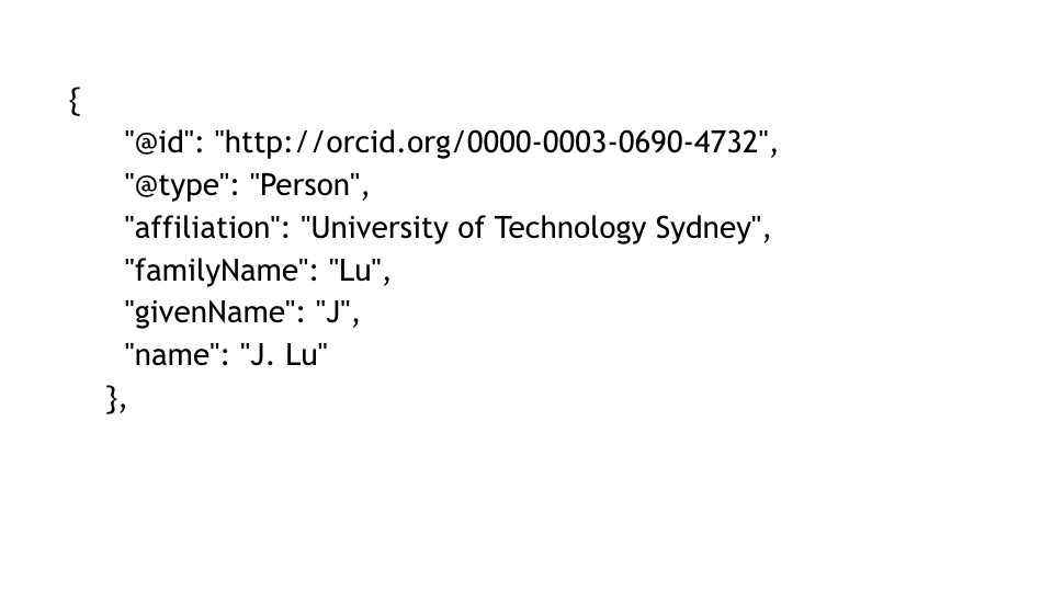 {
      "@id": "http://orcid.org/0000-0003-0690-4732",
      "@type": "Person",
      "affiliation": "University of Technology Sydney",
      "familyName": "Lu",
      "givenName": "J",
      "name": "J. Lu"
    },
<p>